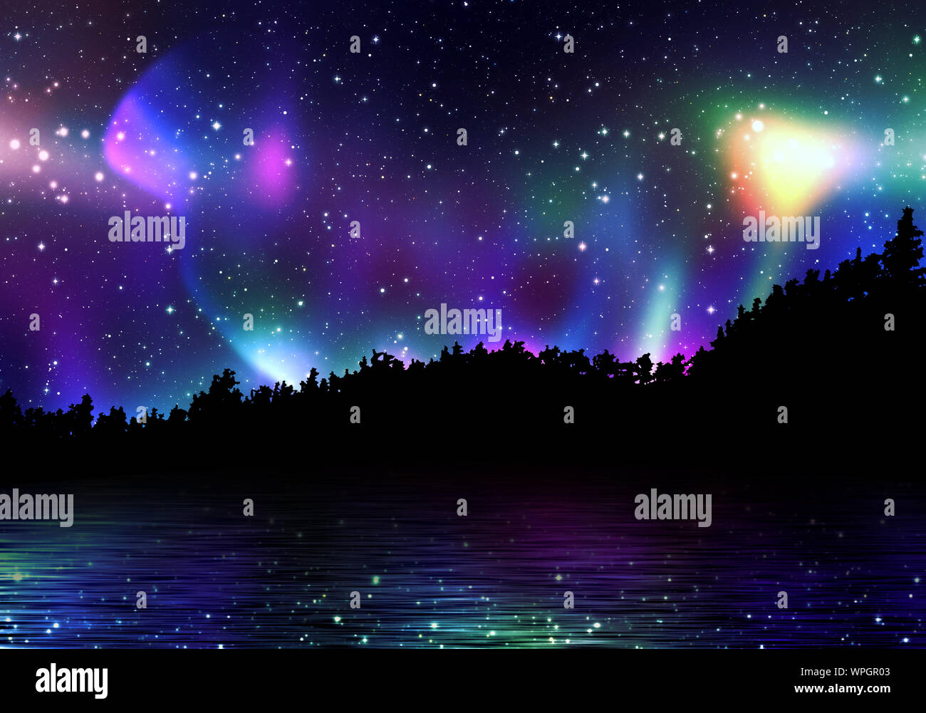 Northern lights, aurora borealis in the sky over the night forest Stock ...