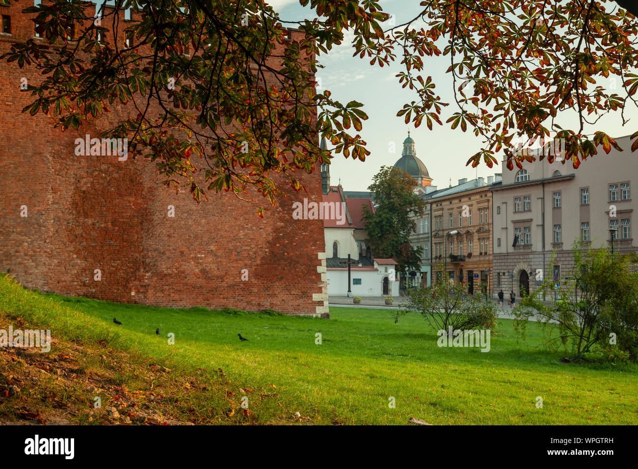 Summer morning at the walls of Wawel Castle in Krakow, Poland. Stock Photo
