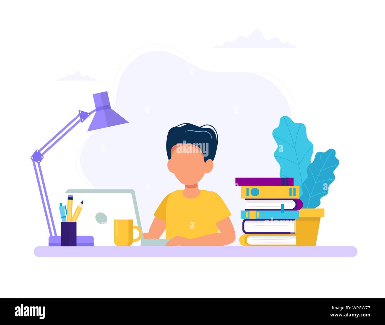 Boy studying with computer and books. Back to school, online education ...