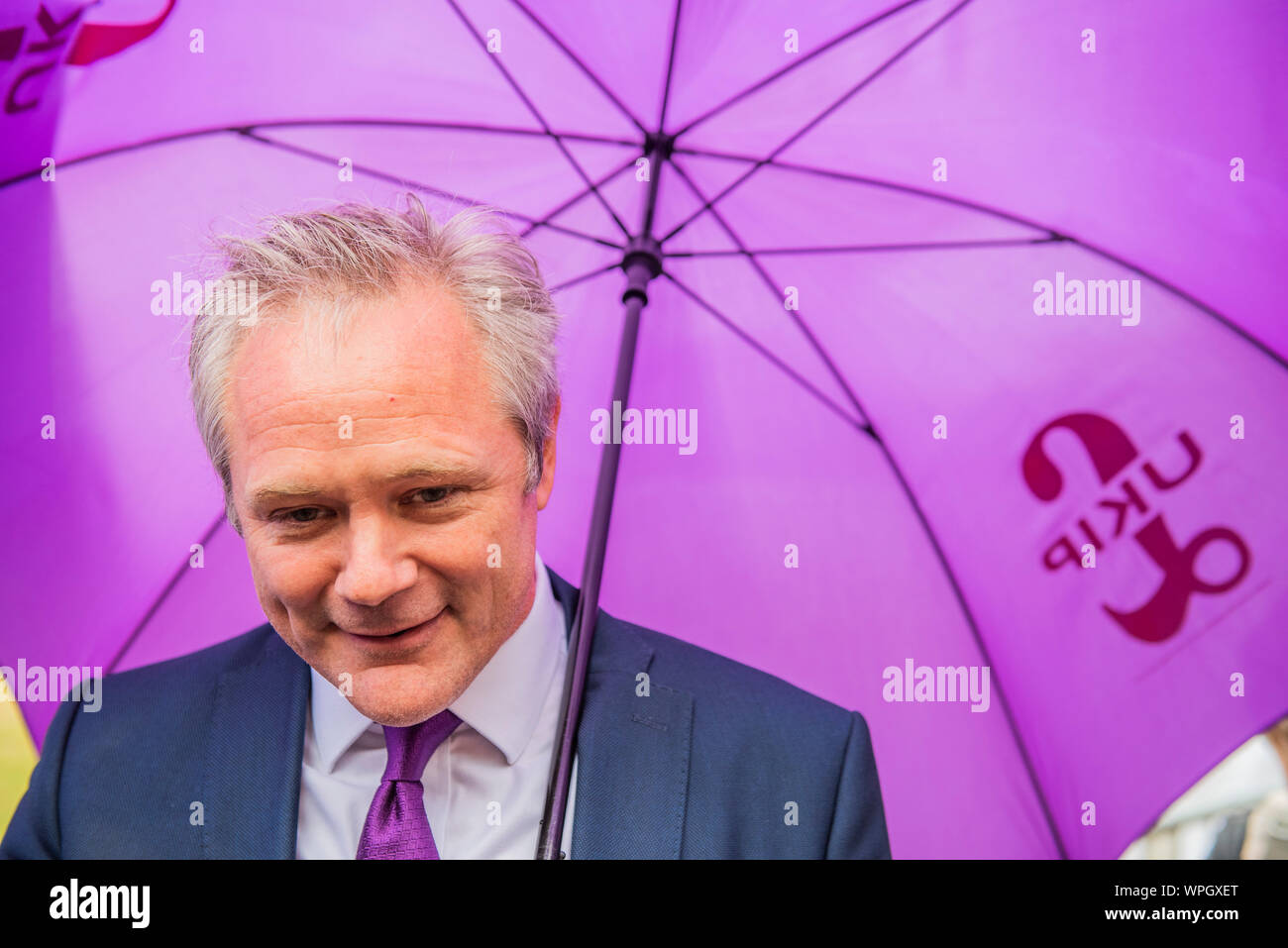Westminster, London, UK. 9th Sep 2019. Richard Braine the new leader of UKIP talks to journalists, outside the press camp on College green, on the last day of the current parliementary sitting. Credit: Guy Bell/Alamy Live News Stock Photo
