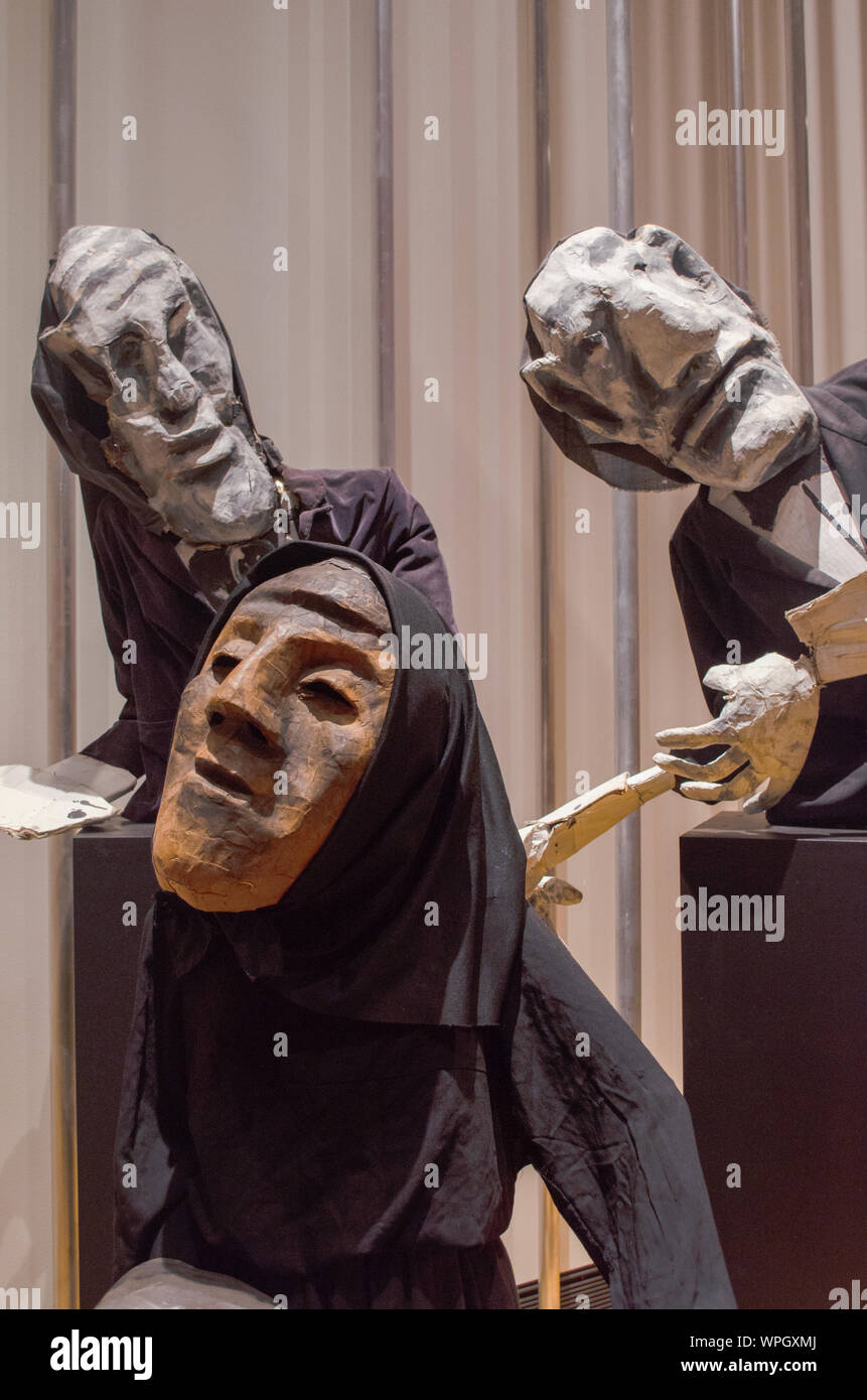 The Bread and Puppet Theatre | Tableau of three puppets | Disobedient Objects | V&A, London. Stock Photo