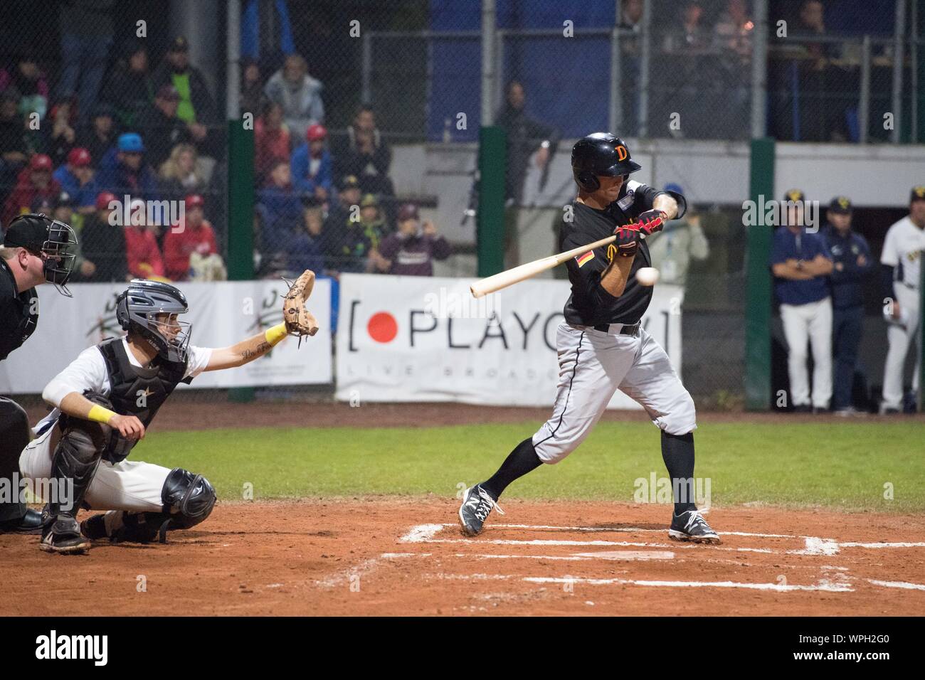 Bonn, Deutschland. 07th Sep, 2019. Simon GUEHRING (GER) is on strike,  strike, action, European Baseball Championship, 1st matchday, Sweden (SWE)  - Germany (GER) 1: 9, on 07.09.2019 in Bonn/Germany. | Usage worldwide