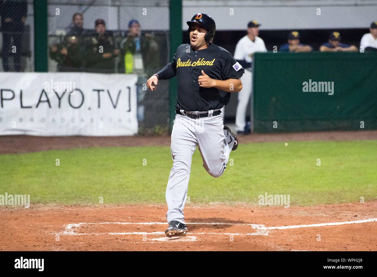 Bonn, Deutschland. 07th Sep, 2019. Donald LUTZ (GER) runs over the  homeplate and gets a point for Germany, action, whole figure, Baseball  European Championship, 1st matchday, Sweden (SWE) - Germany (GER) 1:
