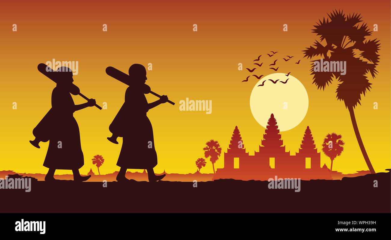 monk walk out of temple pilgrimage to make merit across angkor wat of cambodia. for peace silent and dharma in sunset scene silhouette style,vector il Stock Vector
