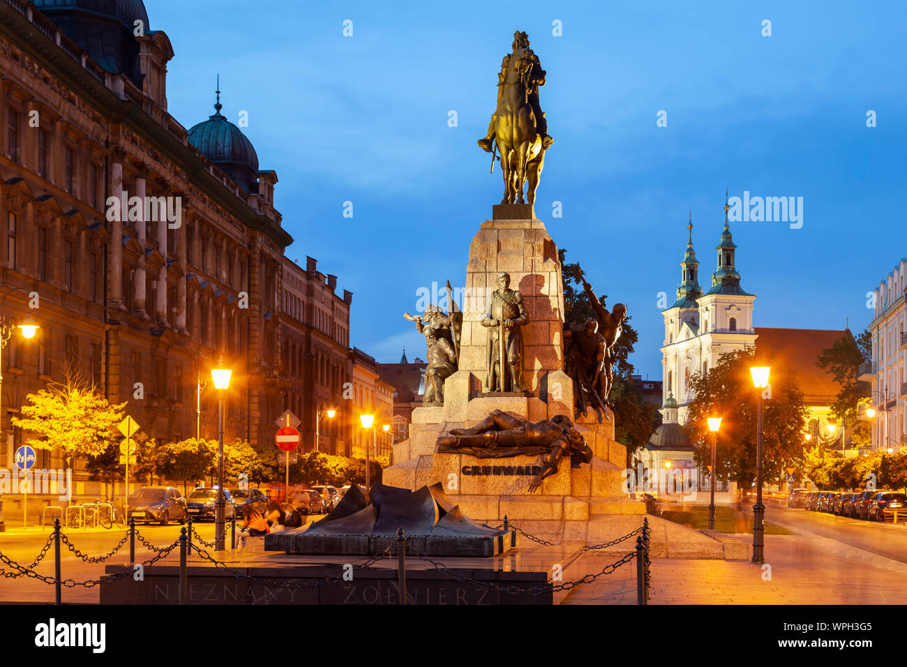 Evening at the Grunwald Monument in Krakow, Poland. Stock Photo