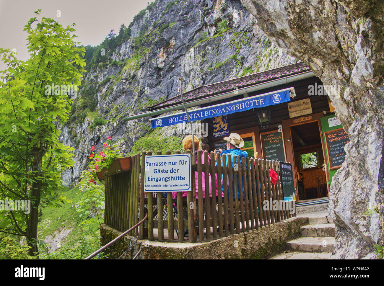 Garmisch-Partenkirchen, Germany, August 7., 2019:Entrance hut of the Höllental gorge in the Bavarian Alps Stock Photo