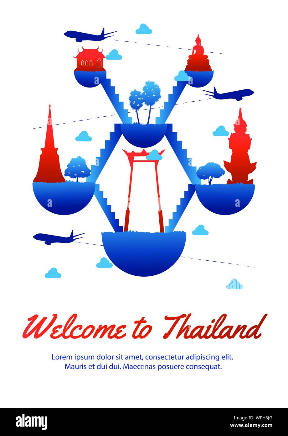 thailand famous landmark silhouette style on float island  famous landmark silhouette style,national flag blue and red color,vector illustration Stock Vector