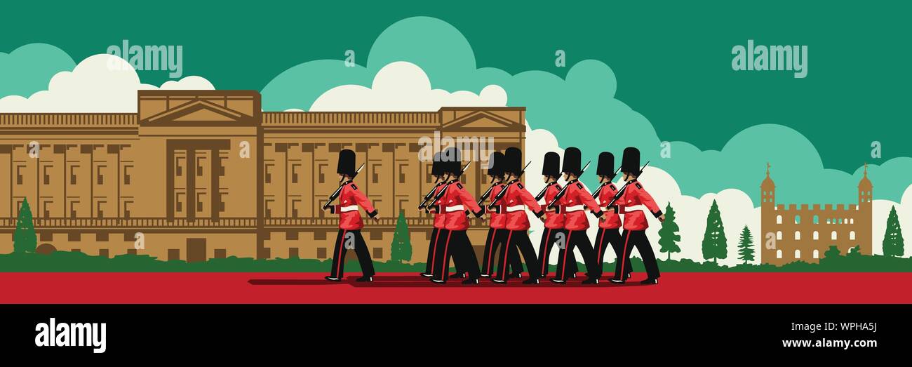 English soldier walk parade front of Buckingham Palace to protection,silhouette design,vector illustration Stock Vector
