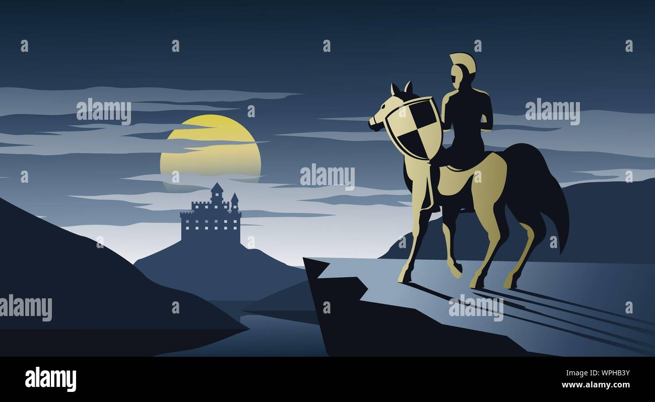 knight on horseback stand on cliff look to castle and try to go there,silent and scary night,silhouette design,vector illustration Stock Vector
