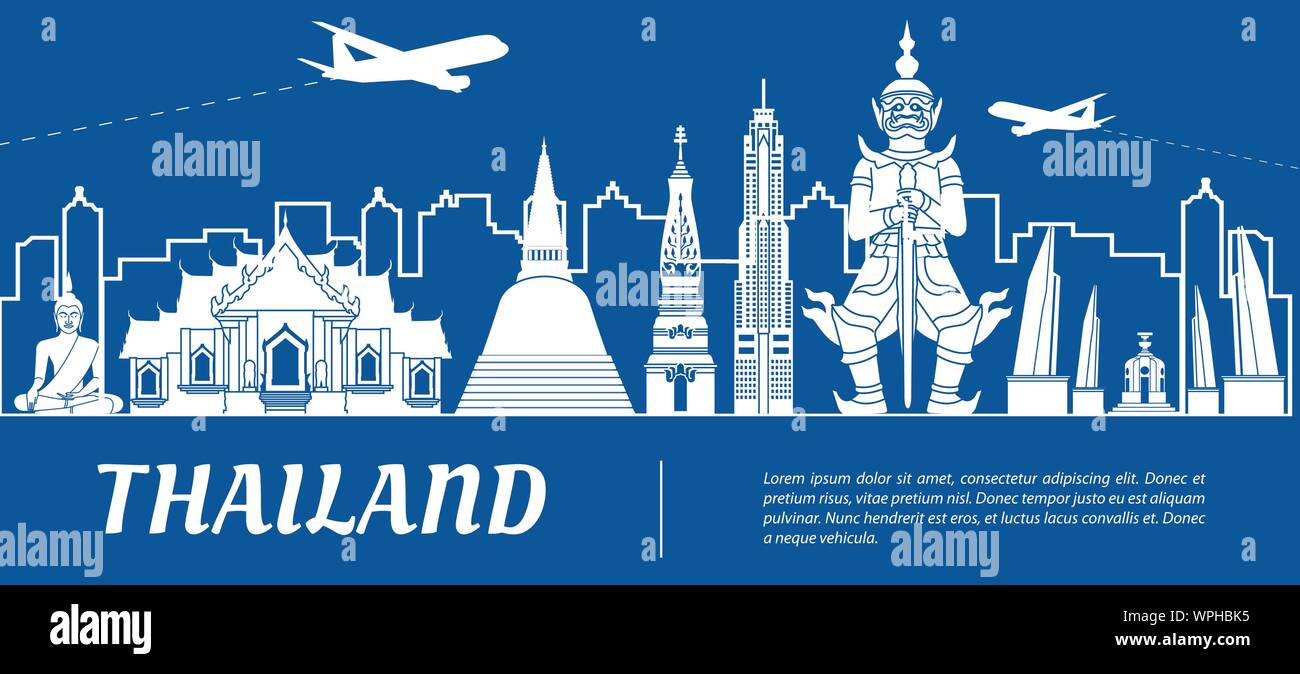 Thailand famous landmark silhouette with blue and white color design,vector illustration Stock Vector