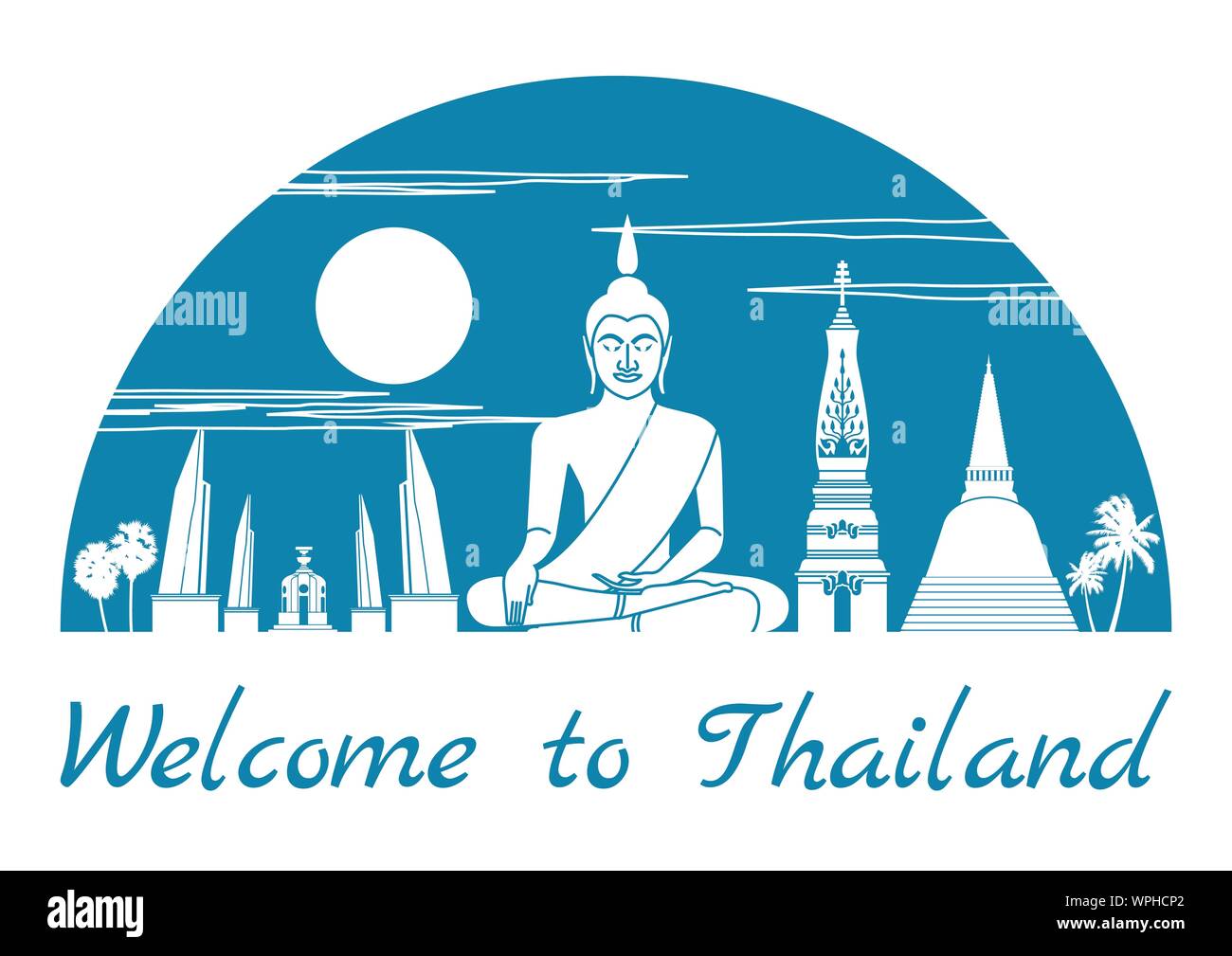 Thailand famous landmark silhouette style inside by blue color half circle shape, text within, vector illustration Stock Vector