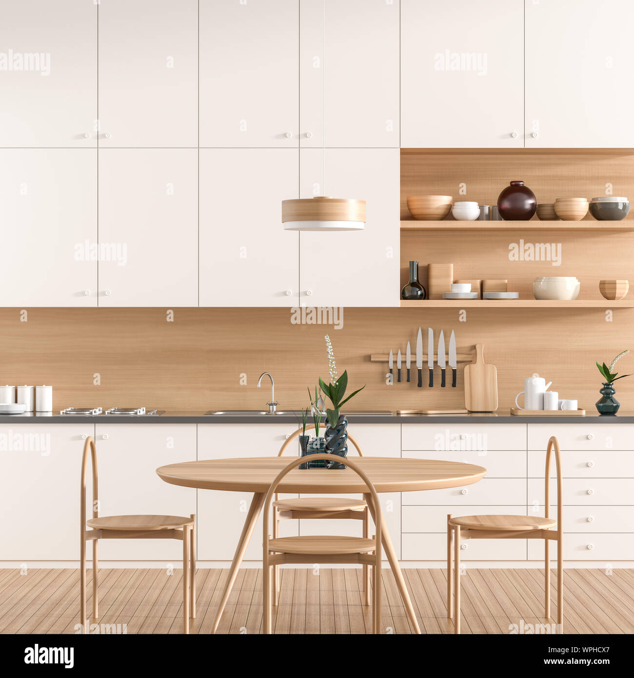Scandinavian Style Modern Kitchen With Dining Table Modern Kitchen Design With Wooden Furnitures 3d Illustration Stock Photo Alamy,Small Cottage Designs India