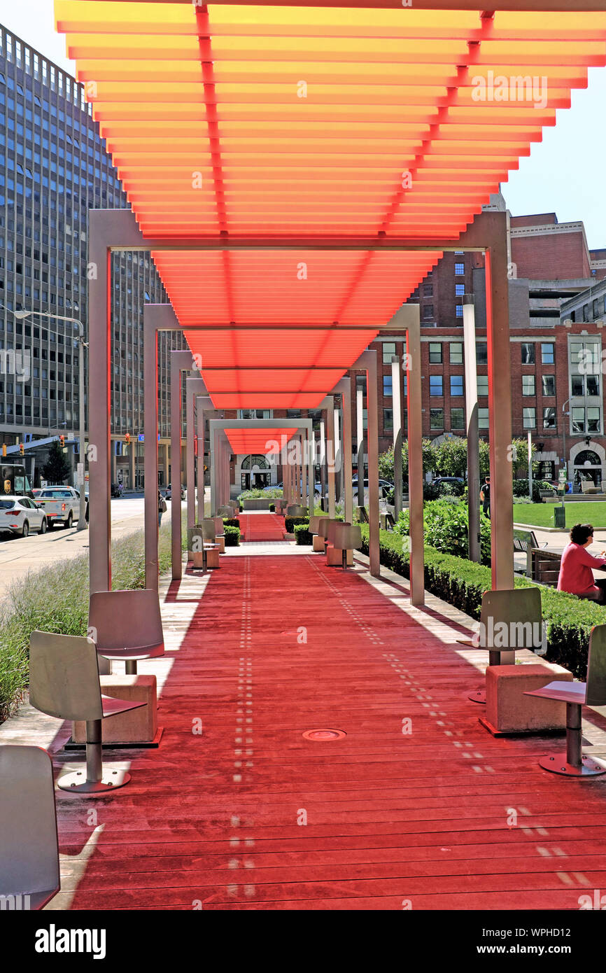 Shaded seating area in Ralph J. Perk Plaza in downtown Cleveland, Ohio, USA Stock Photo Alamy
