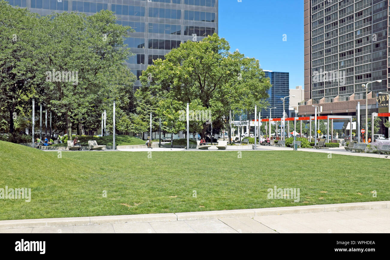 Ralph J. Perk Plaza at Chester Commons is an urban park in downtown Cleveland, Ohio, USA at East 12th Street and Chester Avenue. Stock Photo