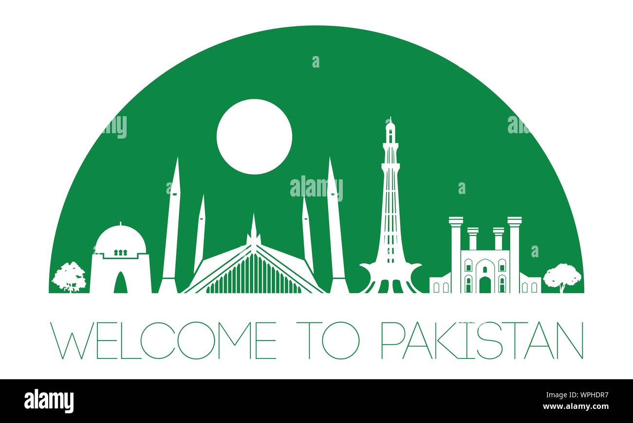 Pakistan famous landmark silhouette style, text within, vector ...
