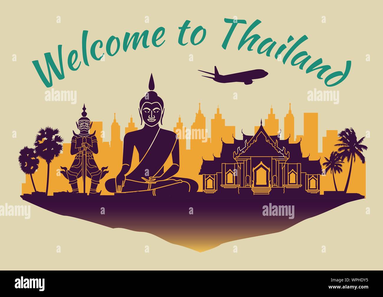 Thailand famous landmark silhouette style on float purple island and green country name text,travel and tourism,vector illustration Stock Vector