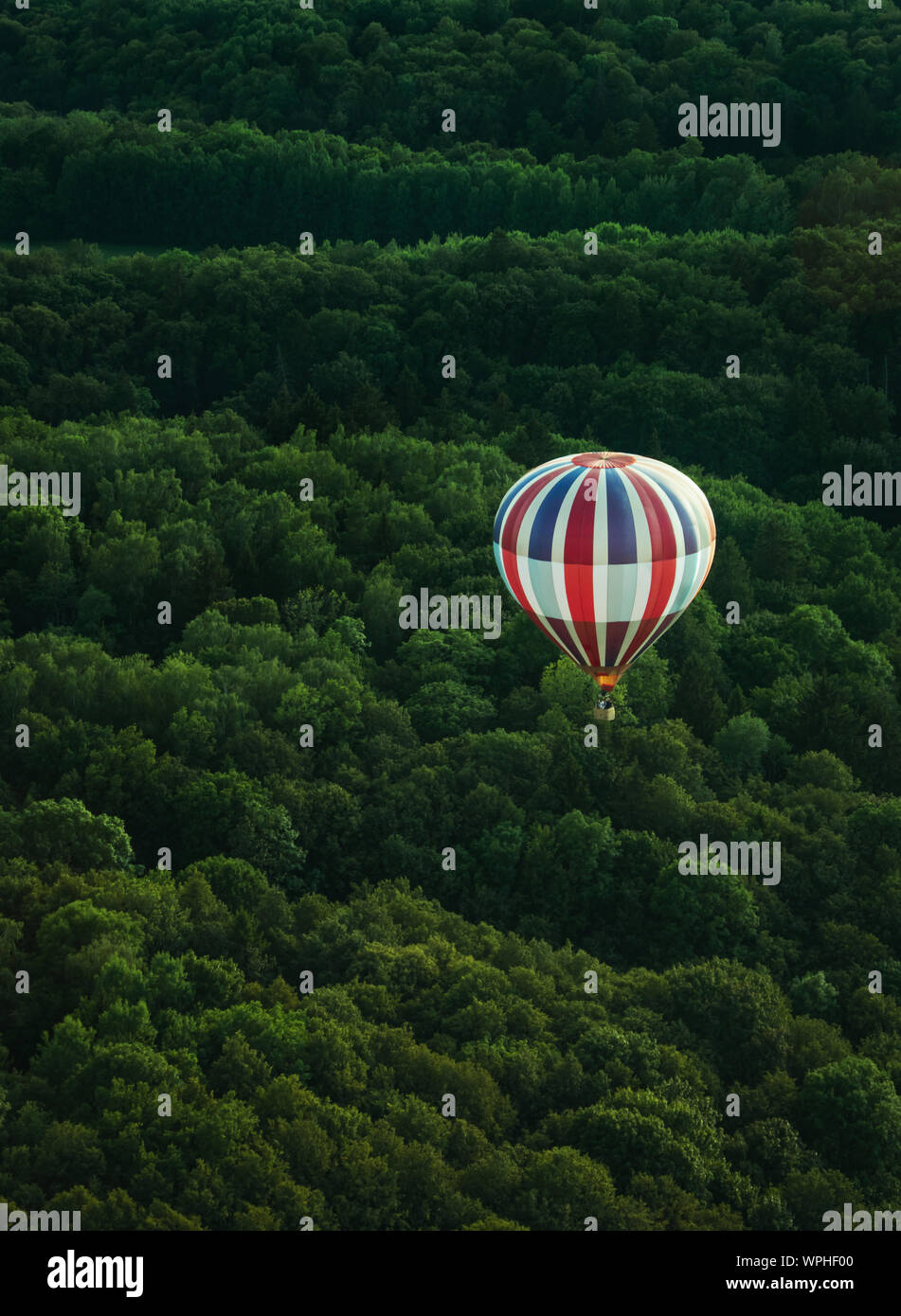 Flying hot air ballon below the forest, captured in mid summer while flying another hot air balloon. Stock Photo