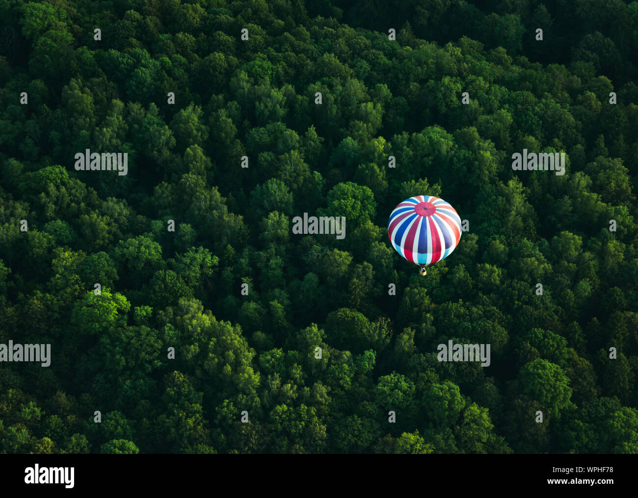 Flying hot air ballon below the forest, captured in mid summer while flying another hot air balloon. Stock Photo