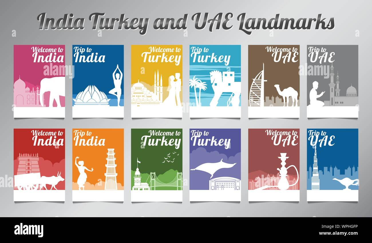 India Turkey and UAE famous landmark and symbol in silhouette design with multi color style brochure set,vector illustration Stock Vector