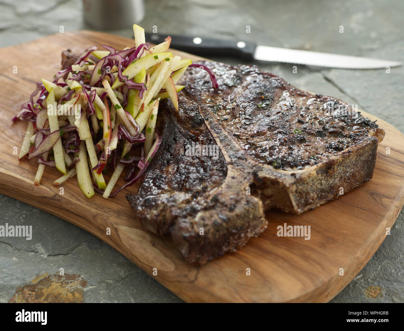 T bone steak and slaw Stock Photo