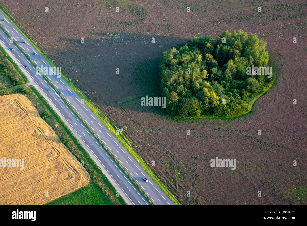 Country road captured from hot air balloon. Stock Photo
