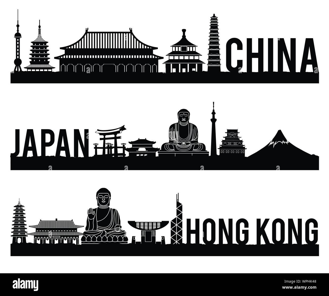 China Japan Hong Kong famous landmark silhouette style with black and white classic color design include by country name,vector illustration Stock Vector