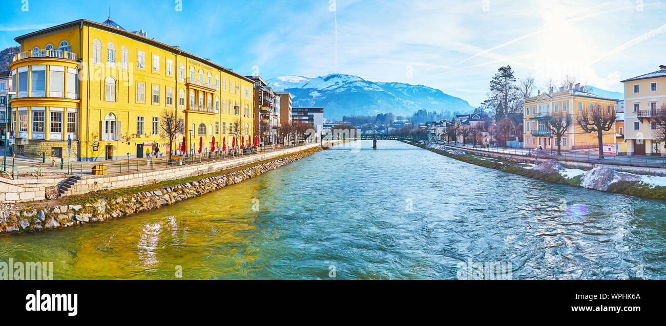 BAD ISCHL, AUSTRIA - FEBRUARY 23, 2019: The Traun river's banks are occupied with old edifices, villas and hotels in classical or modern style, on Feb Stock Photo