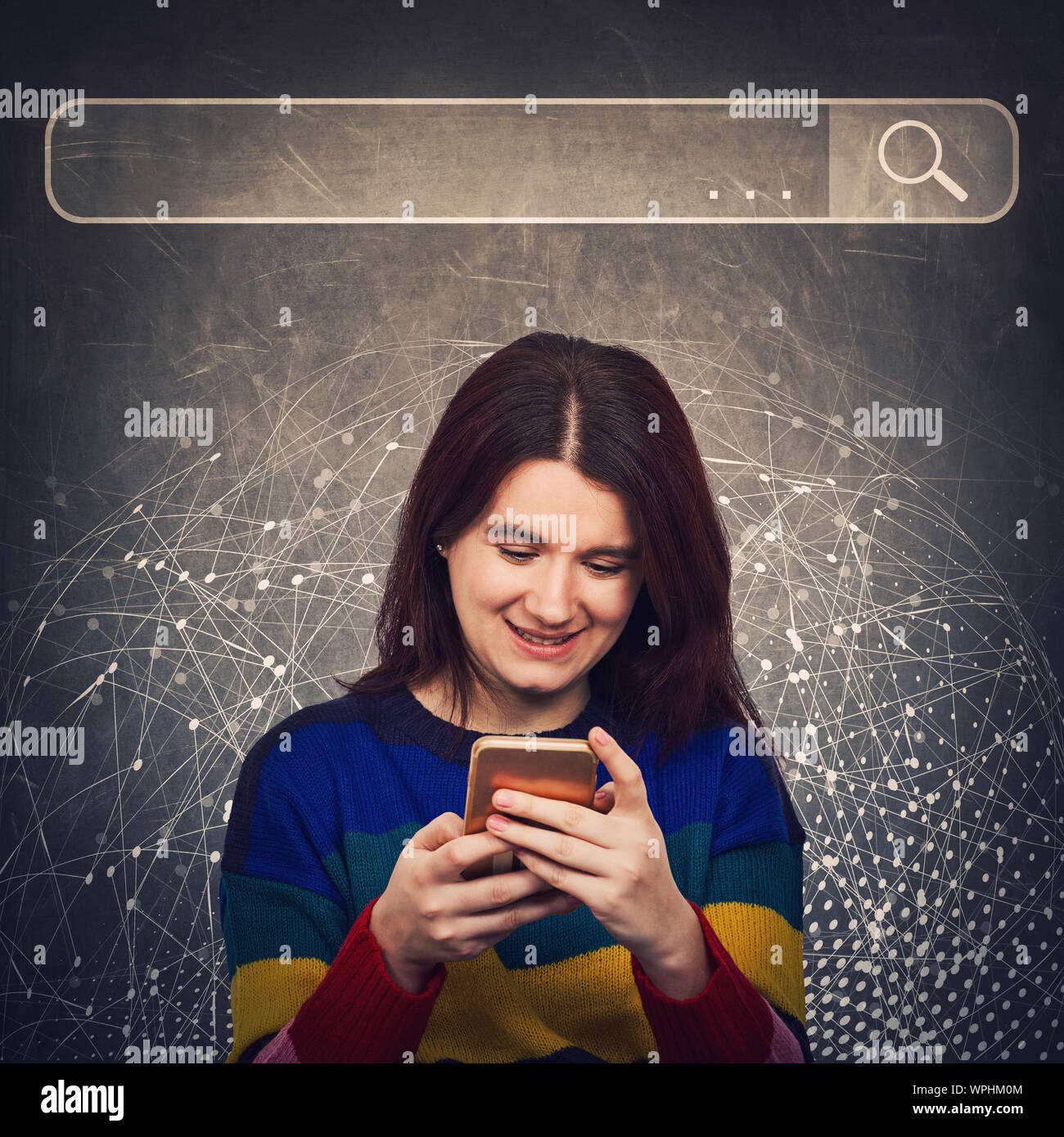 Browsing Network Curious woman using smartphone browsing network search bar with loupe ...