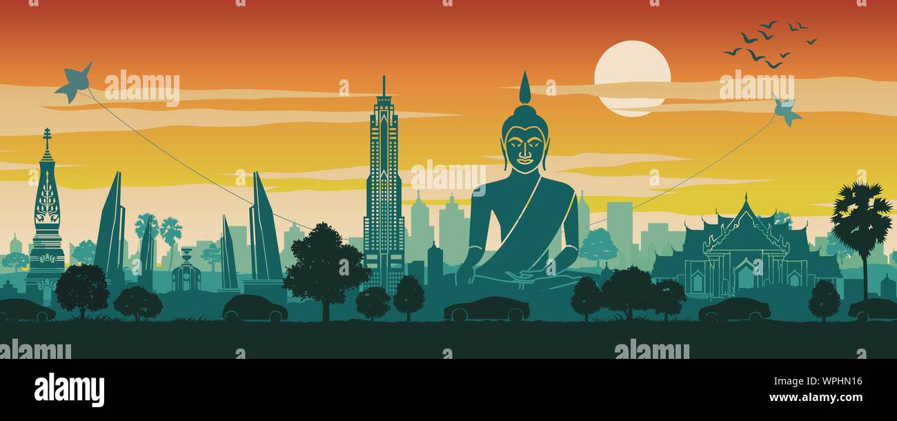 Thailand famous landmark in scenery design,travel destination,silhouette design, sunset time in red and green color,vector illustration Stock Vector