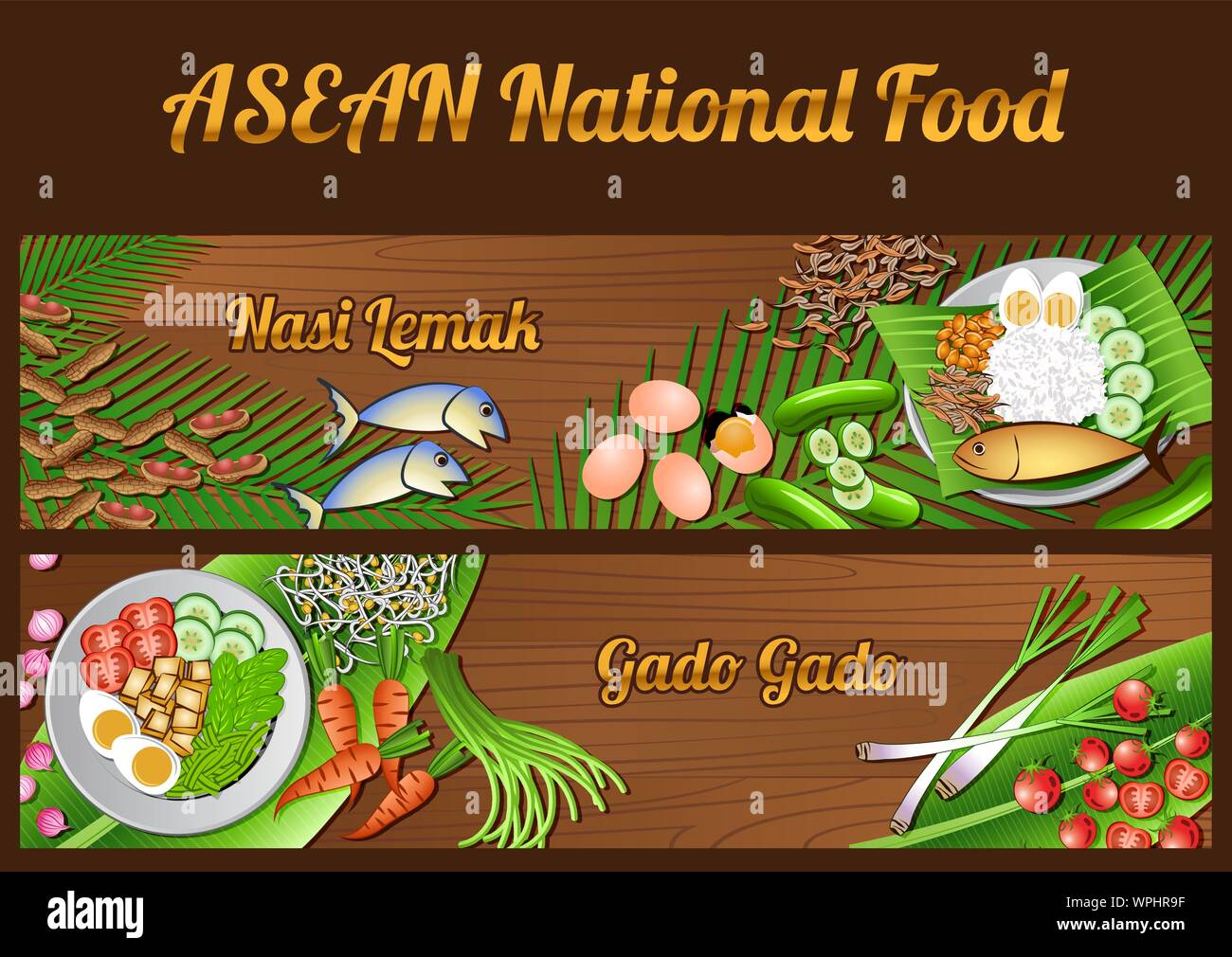 Asean National food ingredients elements set banner on wooden background,Malaysia and Indonesia,vector illustration Stock Vector