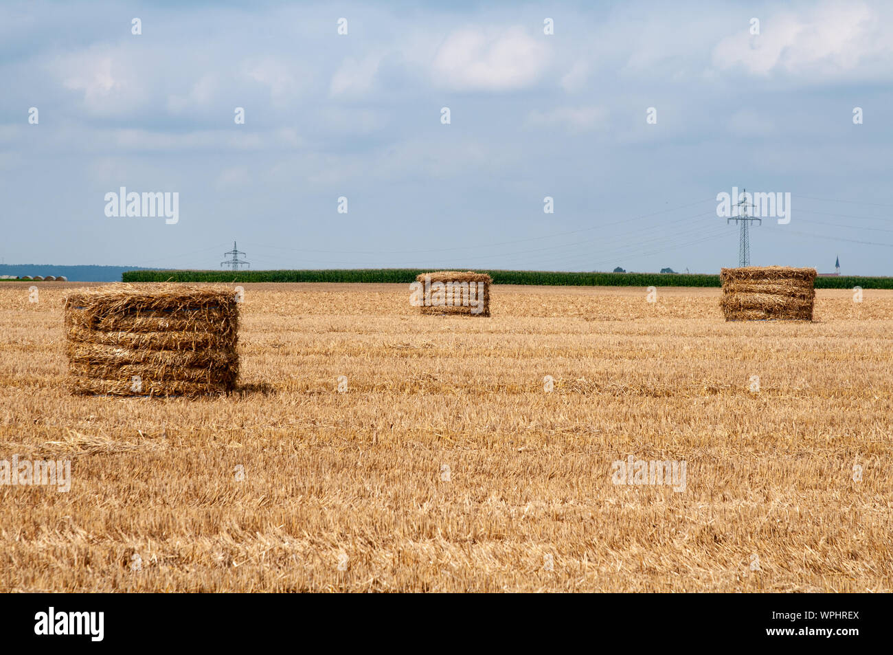 rural landscape in late summer with straw bales on harvested stubble ...