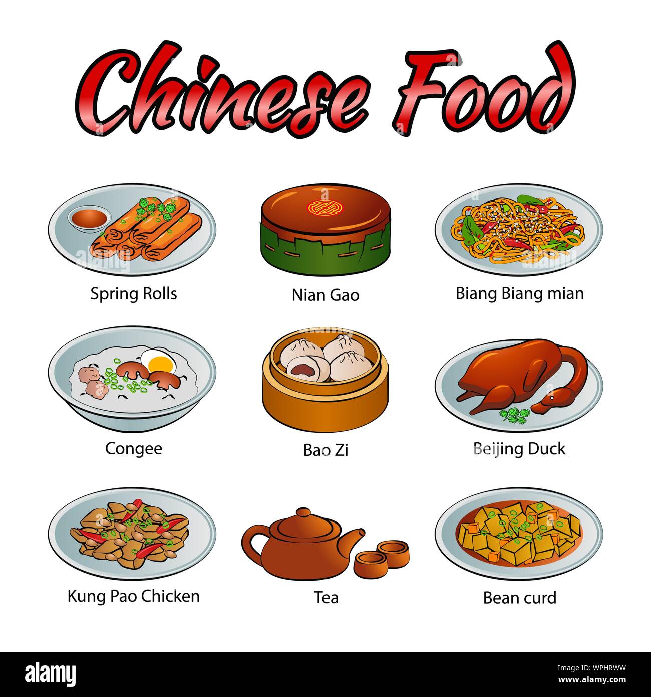 Set Of Delicious And Famous Food Of Chinese In Colorful Gradient Design 