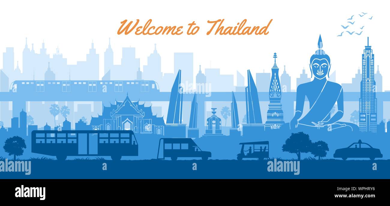 Thailand famous landmark in scenery design blue color silhouette design,vector illustration Stock Vector