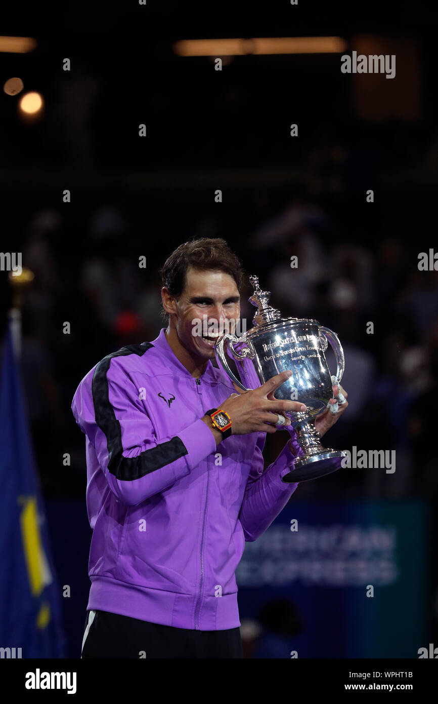 Flushing Meadows, New York, United States - September 8, 2019. Rafael Nadal of Spain after being presented with the US Open trophy following Nadal's victory over Daniil Medvedev in the men's final today. Credit: Adam Stoltman/Alamy Live News Stock Photo
