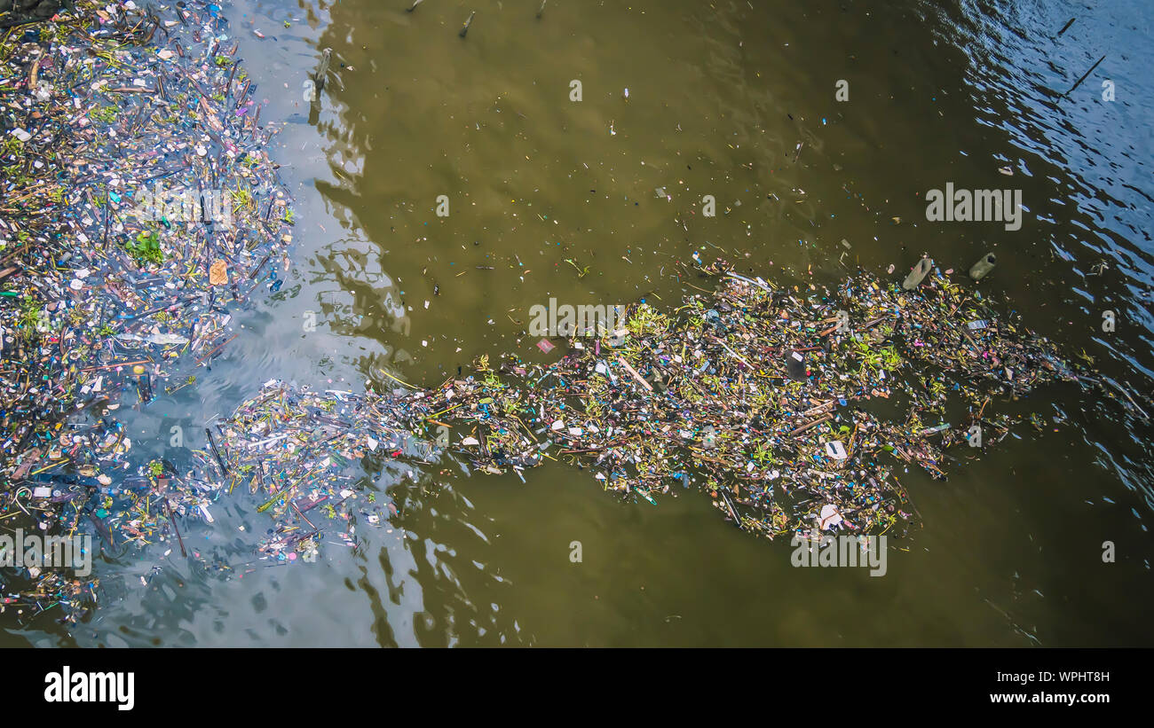 water garbage Polluted water Fishes dirty river with trash and plastic Freshwater pollution