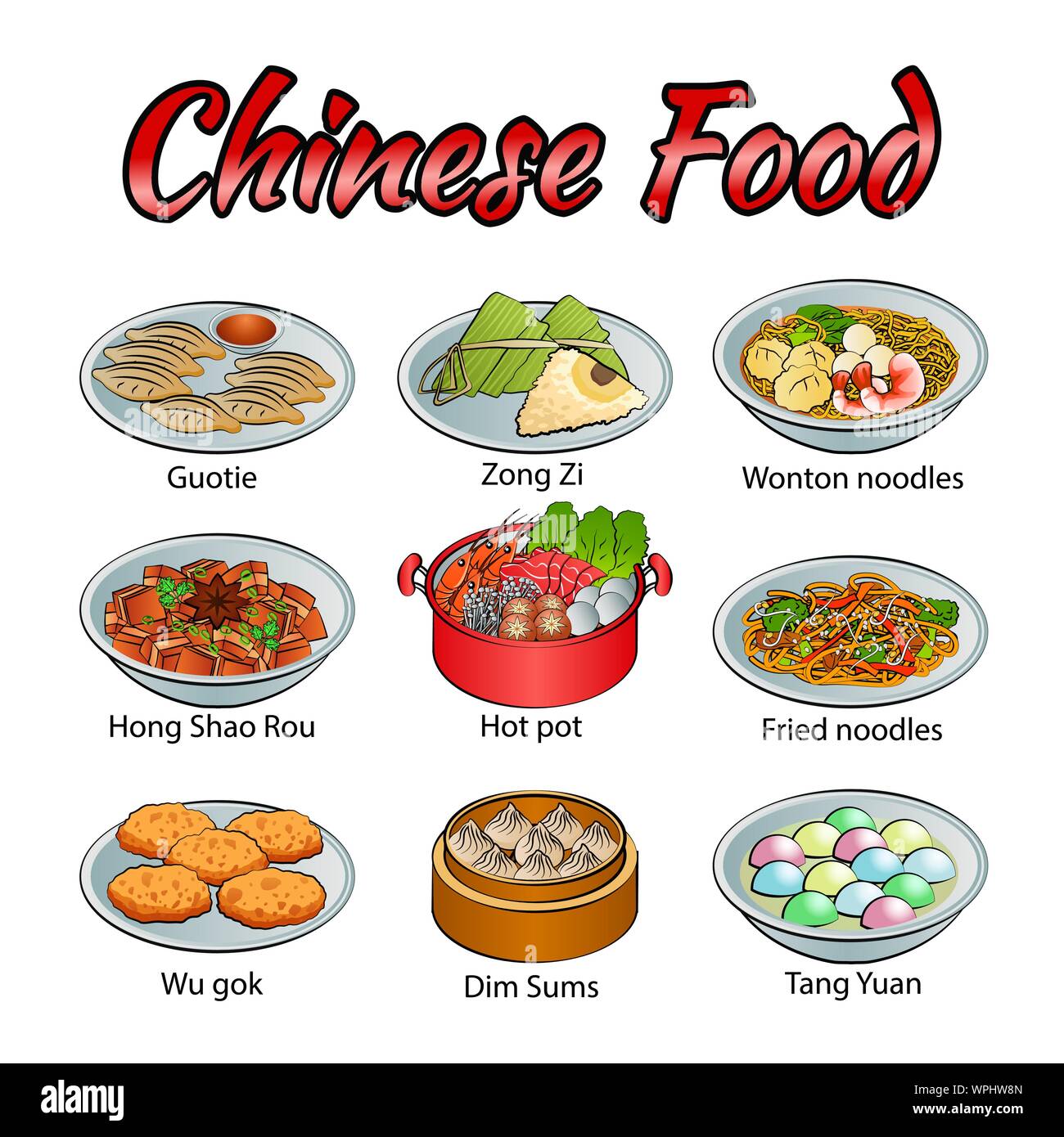 Set Of Delicious And Famous Food Of Chinese In Colorful Gradient Design 