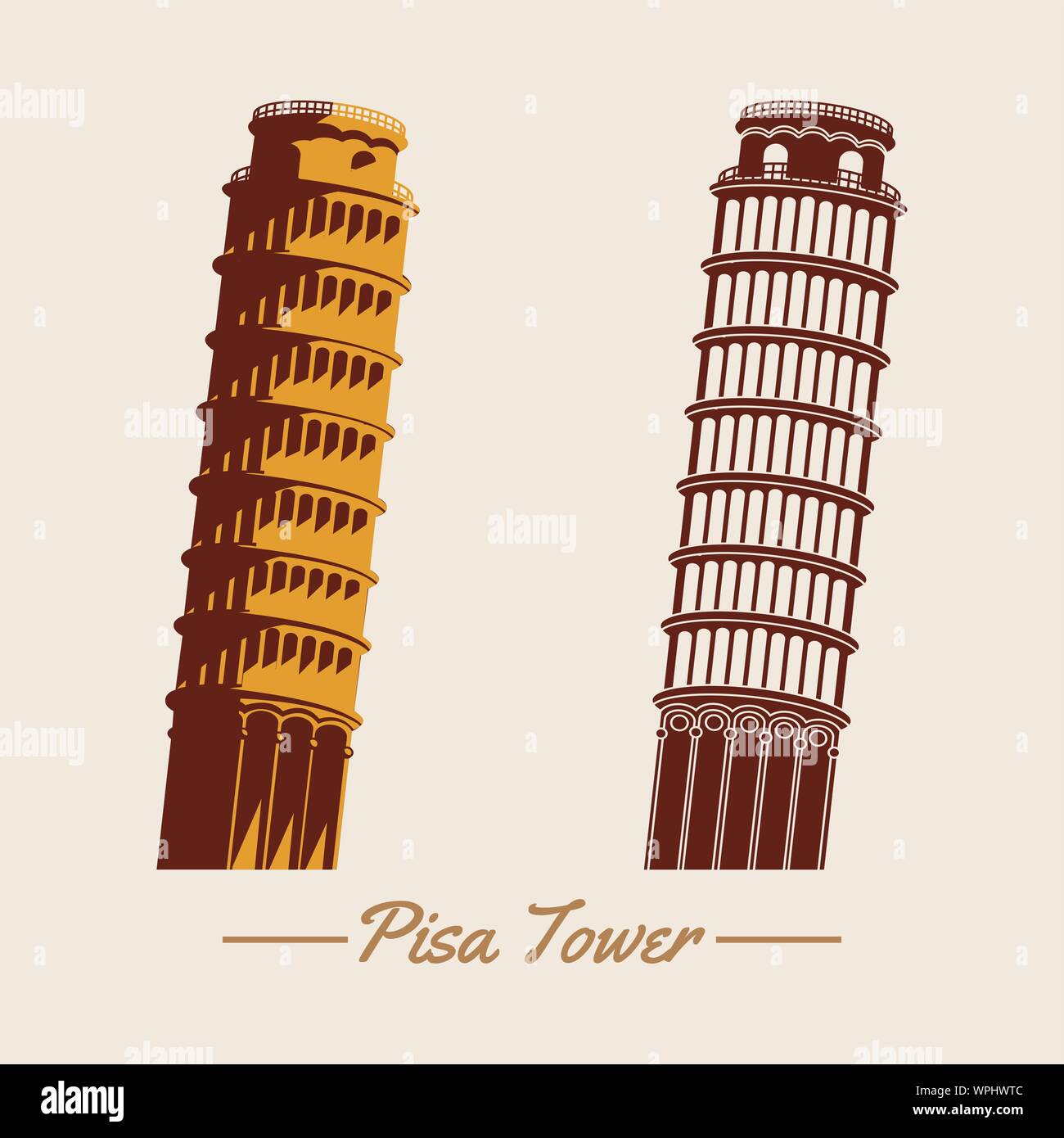 Pisa tower within two design,silhouette and cartoon version,famous landmark and travel of Italy,vector illustration,vintage color design Stock Vector