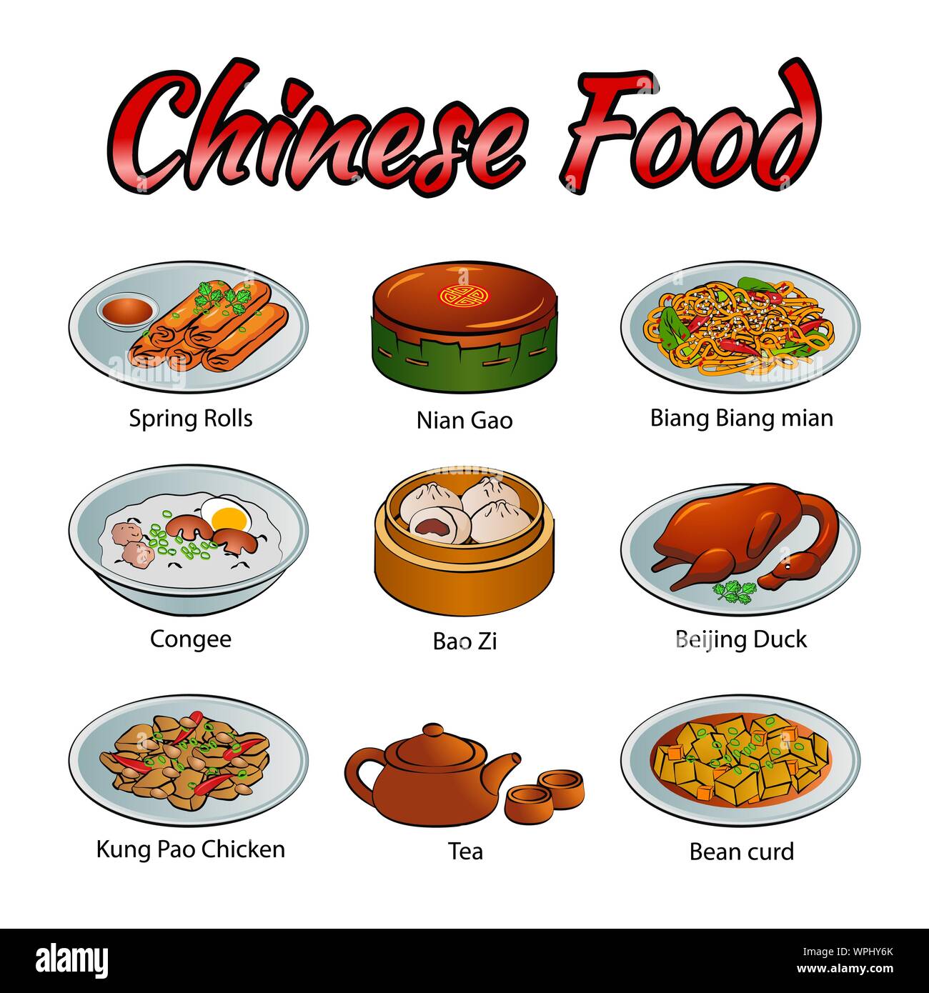 Set of delicious and famous food of Chinese in colorful gradient design ...