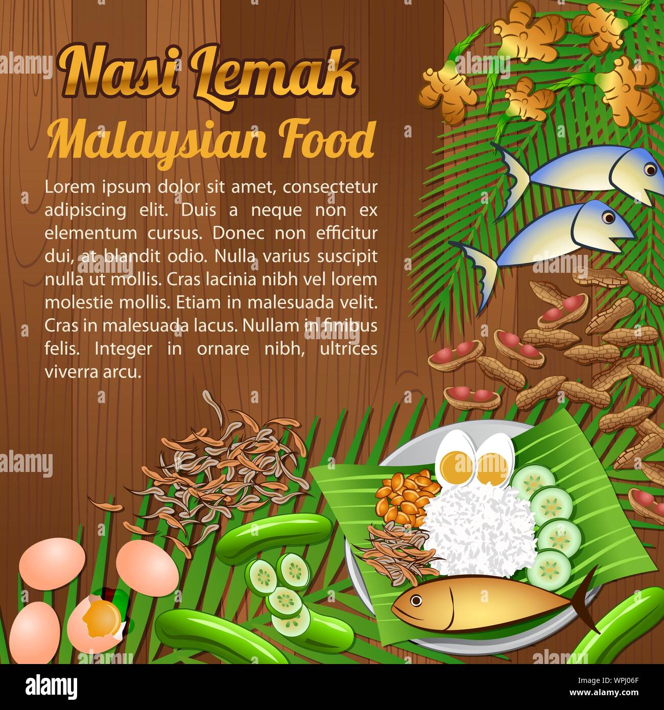 Asean National food ingredients elements set banner on wooden background,Malaysia,vector illustration Stock Vector