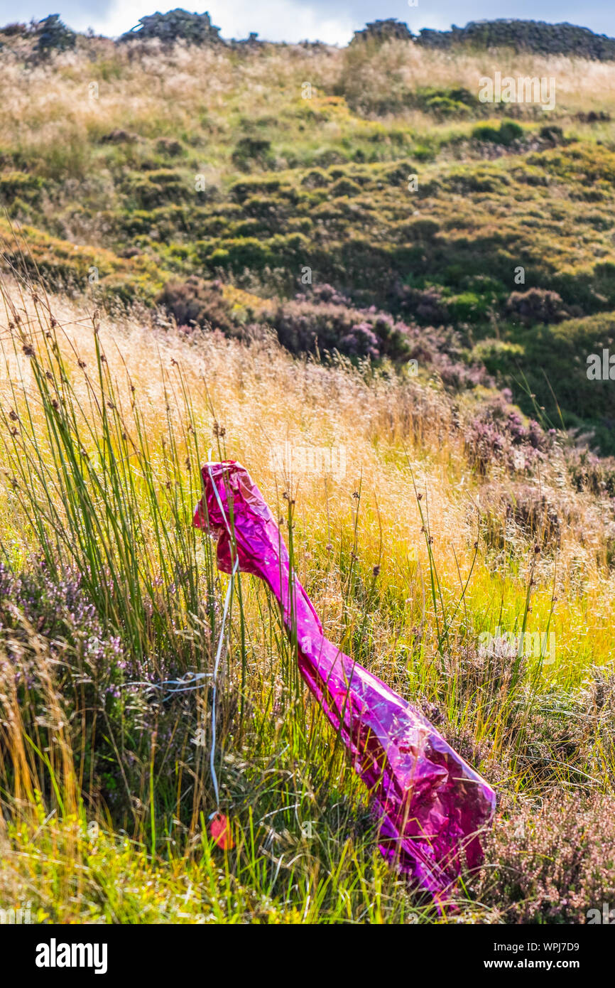 Party balloons littering a hillside in the Peak District National Park,UK Stock Photo