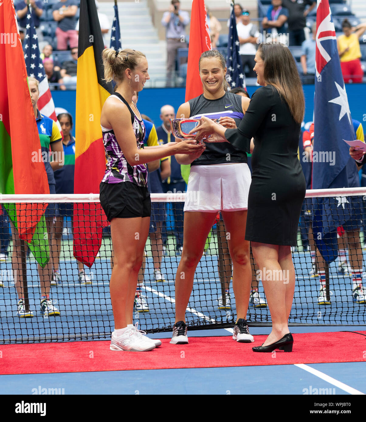 New York, NY - September 8, 2019: Liezel Huber presents trophy to
