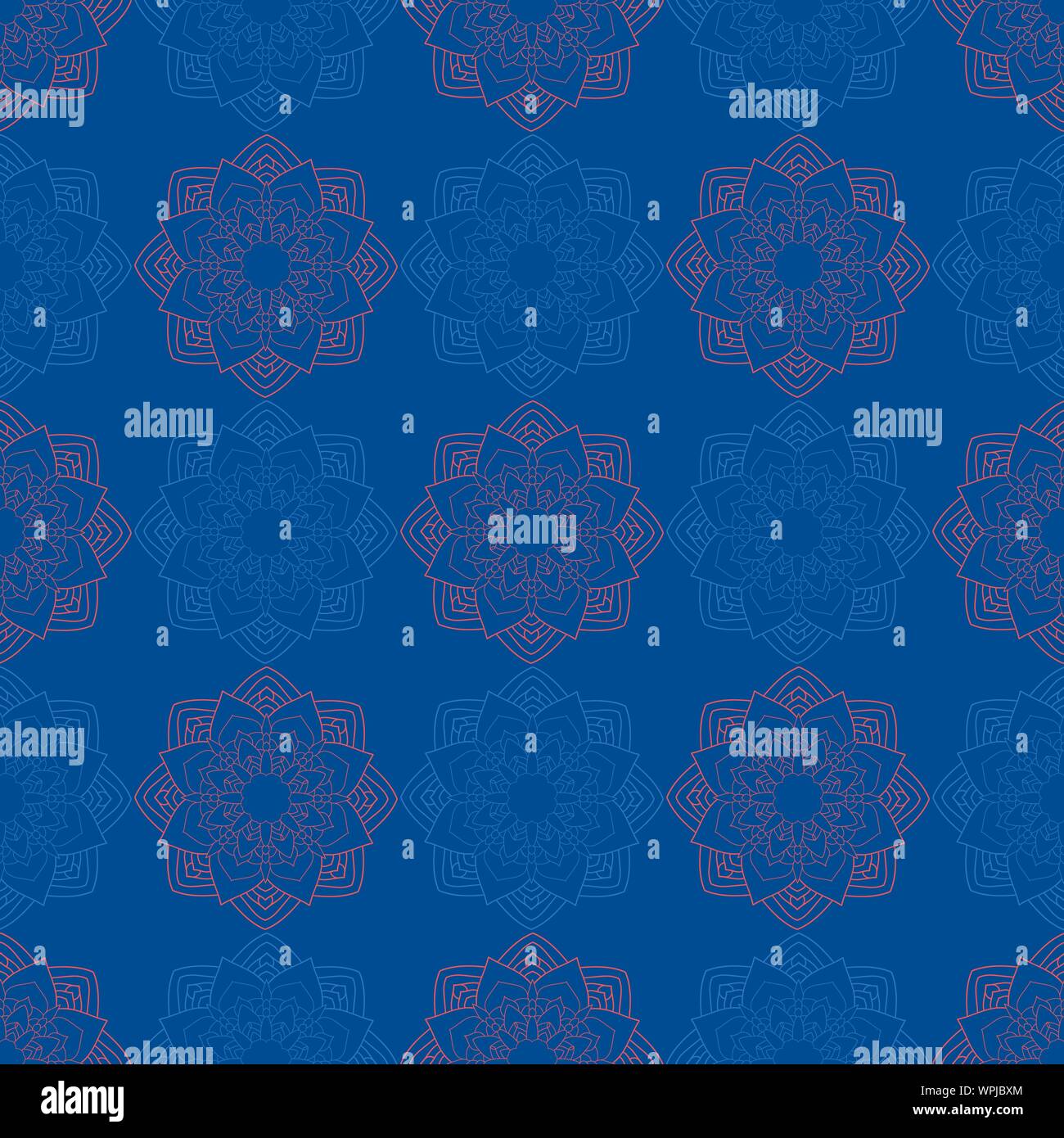 Floral Mandalas In Repeated Surface Vector Pattern On Blue Background Stock Vector
