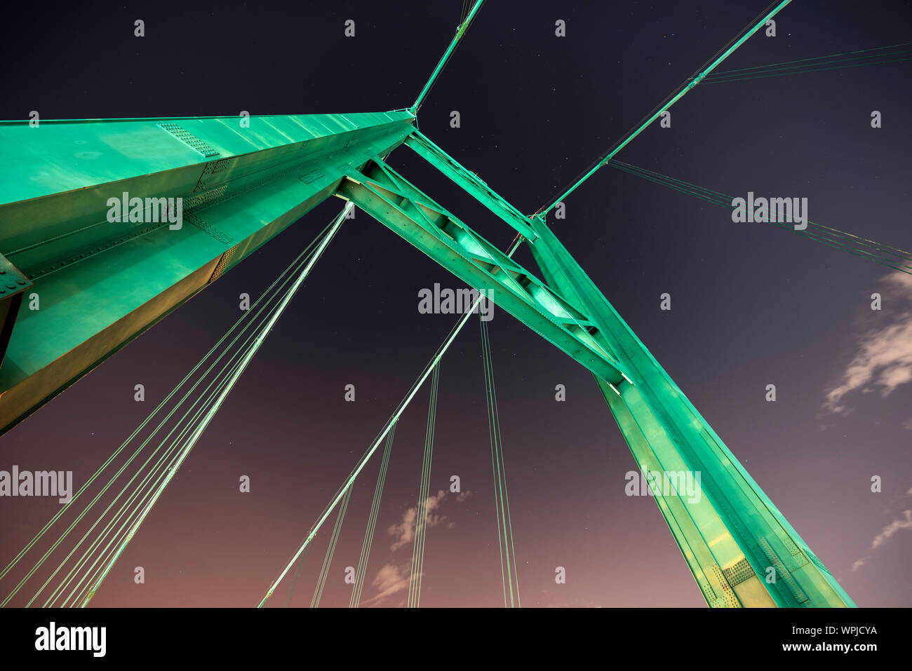 Night view of suspension tower and cables above the Vincent Thomas