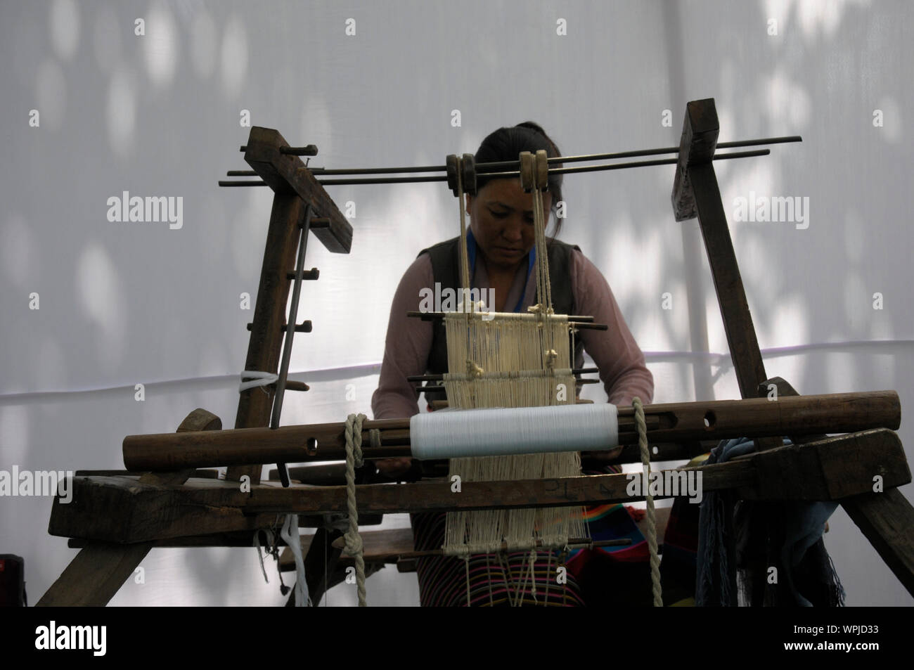 A Tibetan woman works on a loom in New Delhi, India. Tibetans use local wools from the Yak and Sheep for weaving to produce different kinds of clothes Stock Photo
