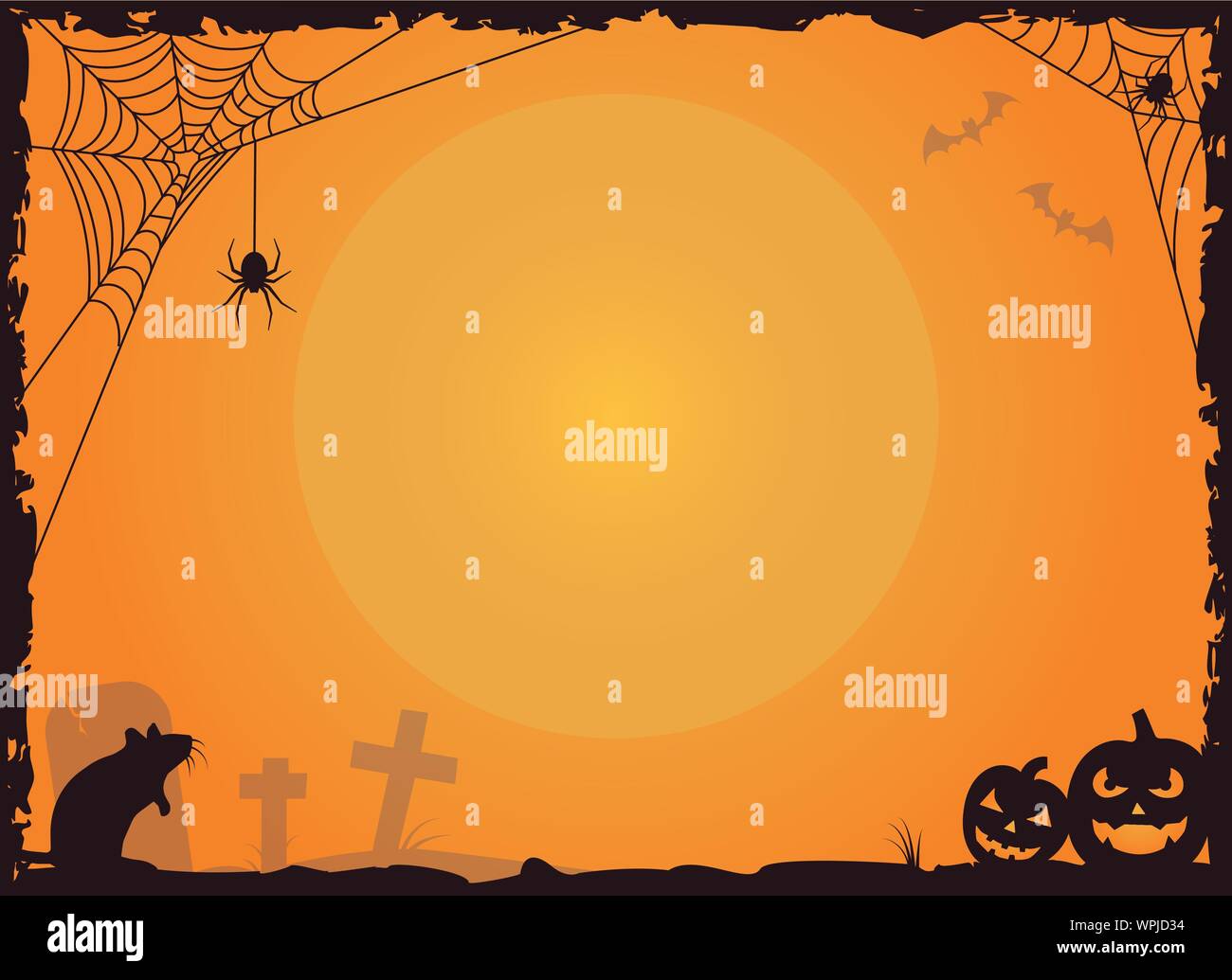 Halloween border with copy space. Vector illustration with spiders in their nets, rat, graveyard and Jack O’Lantern pumpkins. Stock Vector