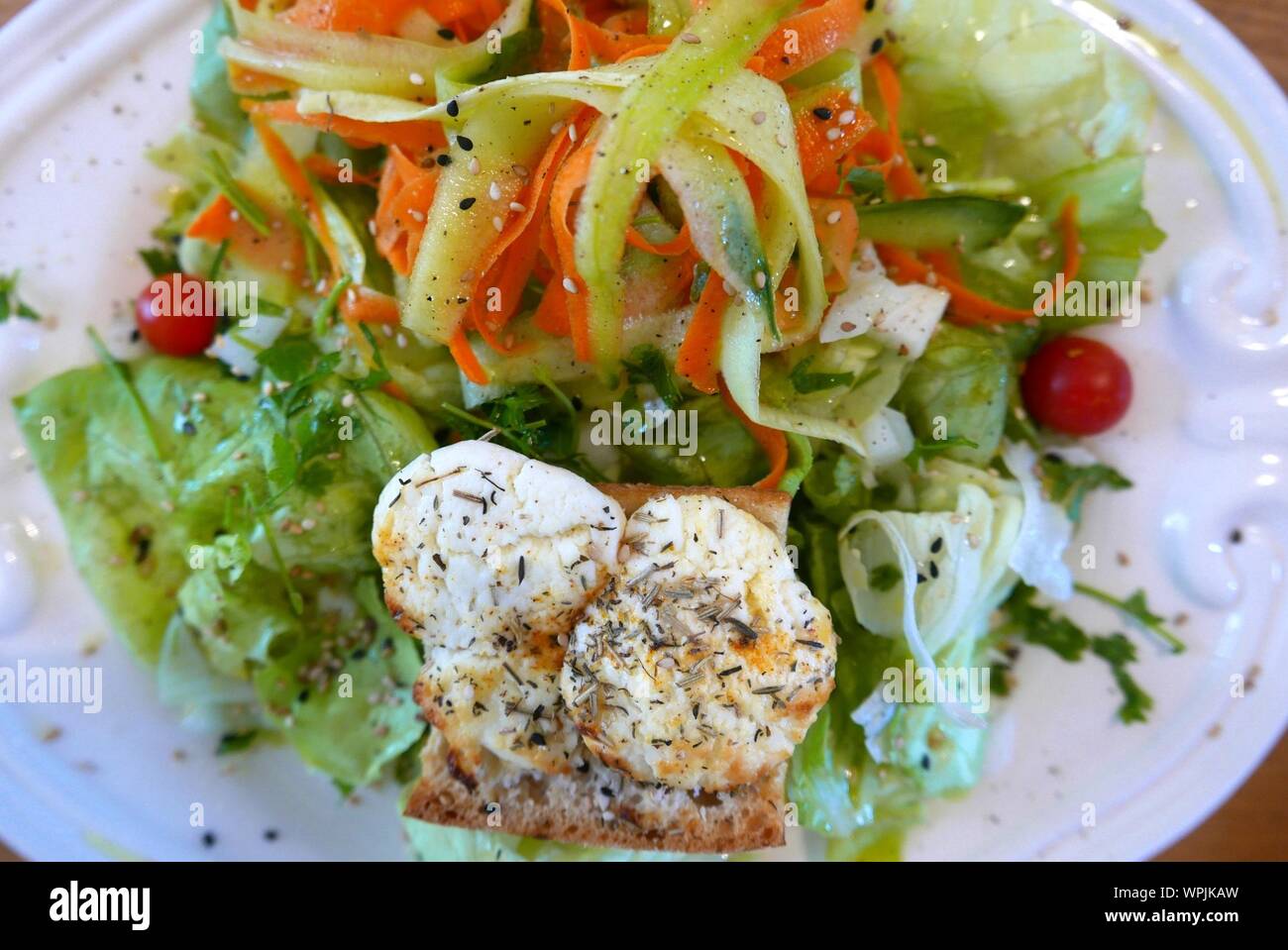 High Angle View Of Salads With Crouton On Plate Stock Photo