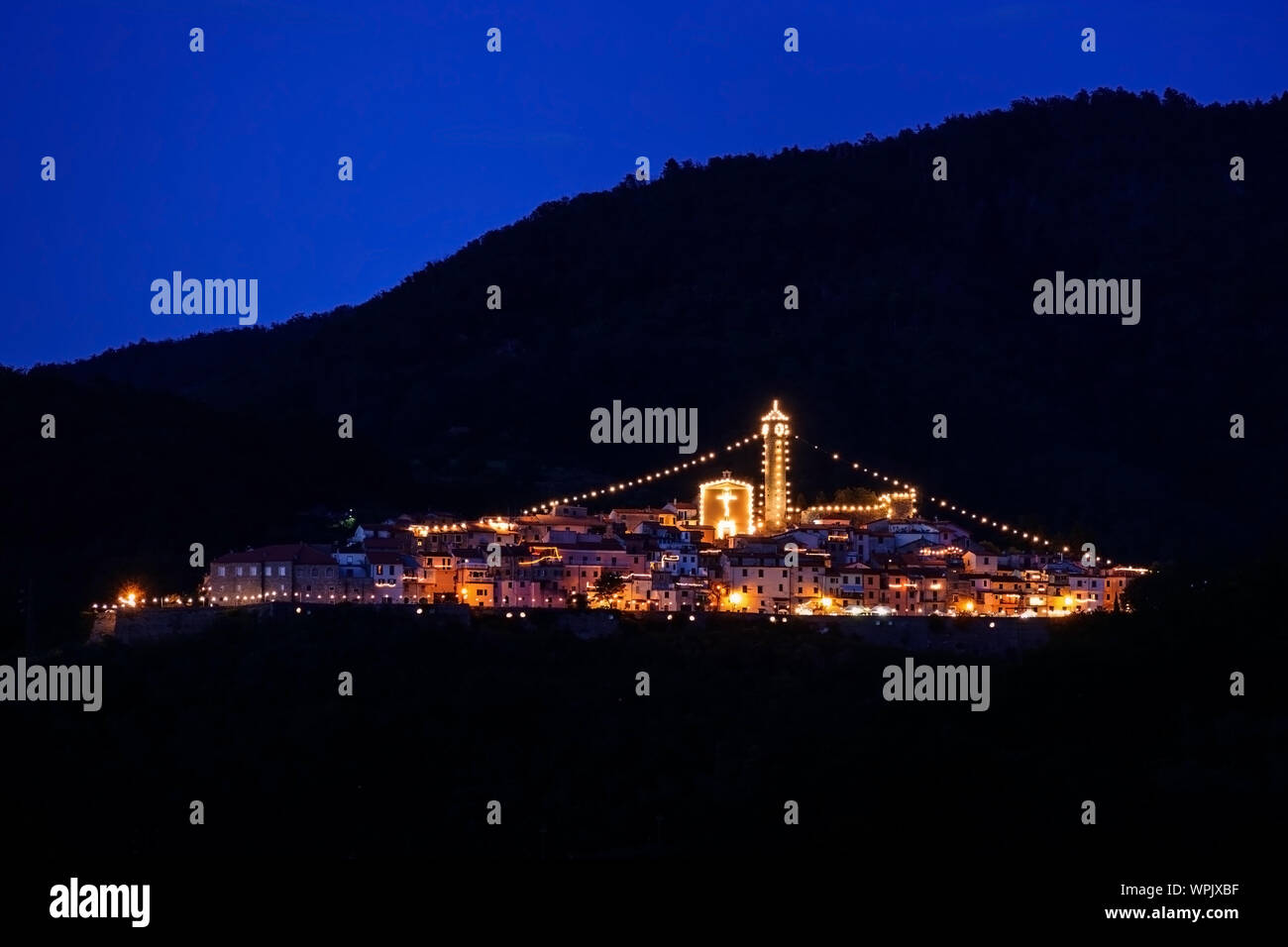 CAPRIGLIOLA, Nr AULLA, ITALY - SEPTEMBER 7, 2019: The hilltop village transforms itself with lights each year for the festival of Our Lady of Good Stock Photo