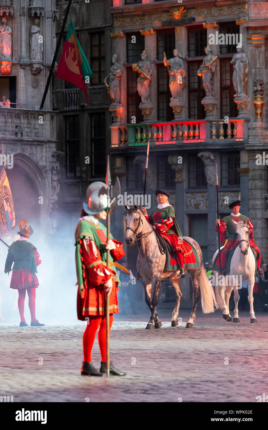 Ommegang Brussels Charles Quint history tradition parade procession Festival horses Grand place UNESCO Stock Photo