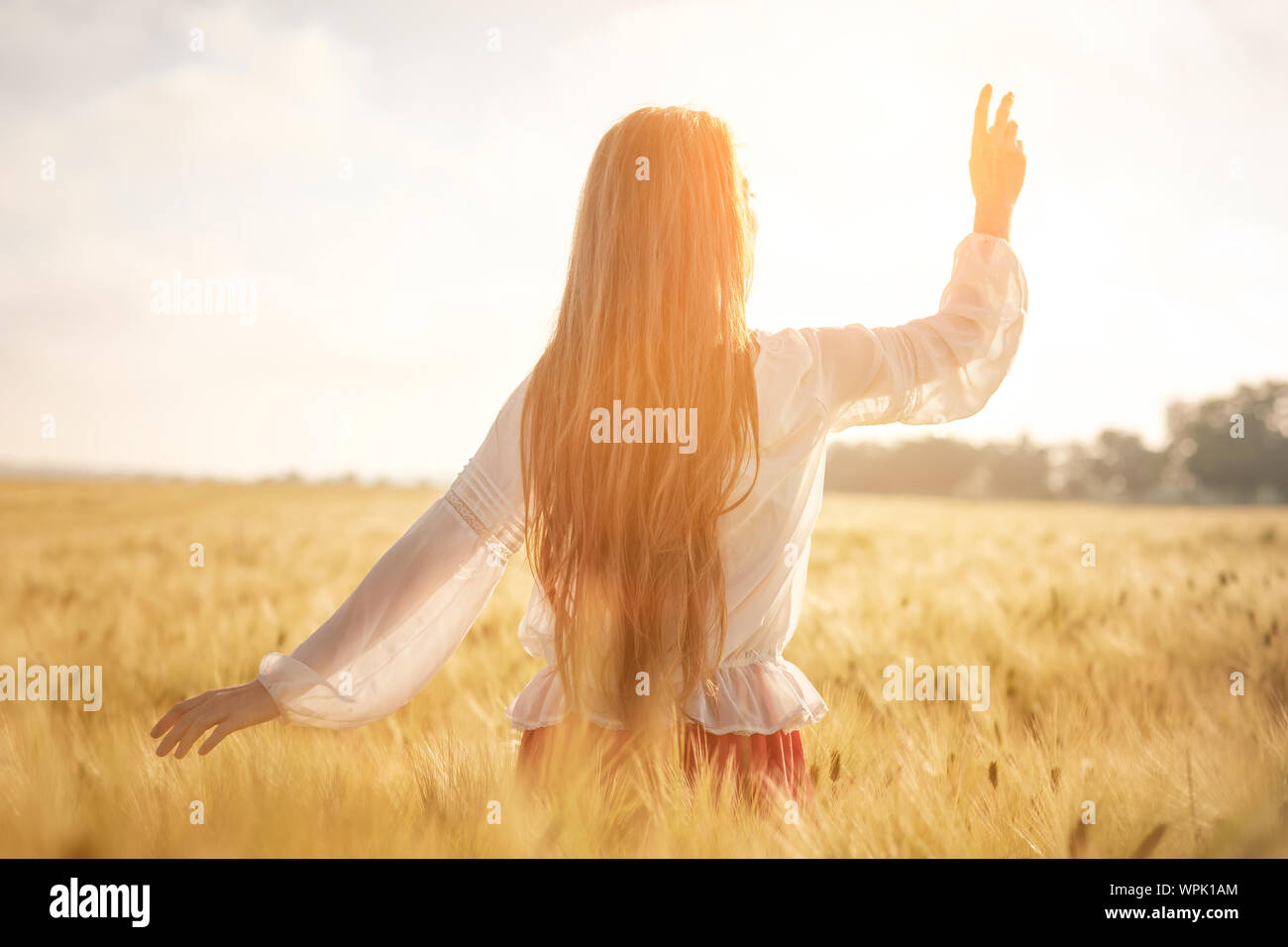 Red-haired girl in a wheat field at sunset. Beautiful woman in golden field at sunset, Backlit warm tones Stock Photo