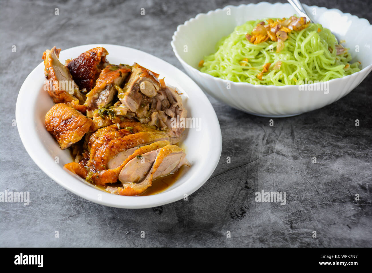 Roasted duck noodles, green noodles with roasted duck, Asian foods